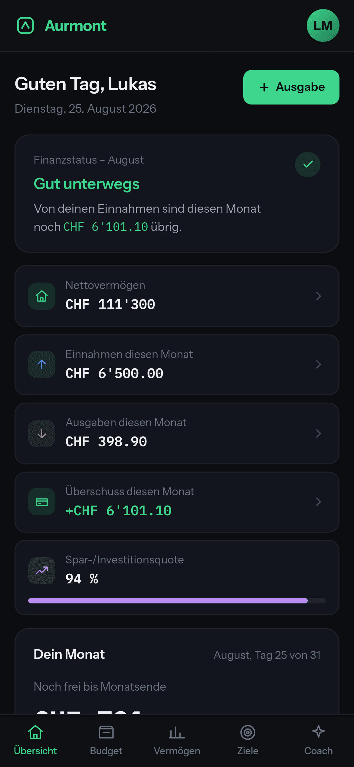 Übersicht in der Aurmont App